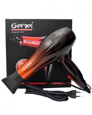 Фен для волос Gemei GM-1719 профессиональный 1800Вт с концентратором + холодный обдув Черный (12364), Черный