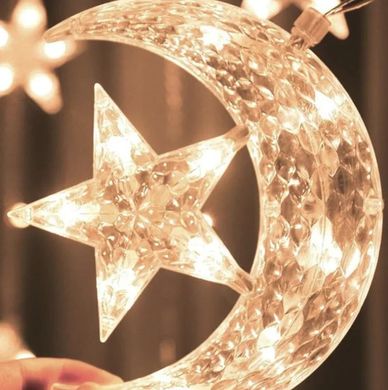 Светодиодная новогодняя гирлянда штора Звезда на месяце с пультом 12 предметов Белый тёплый