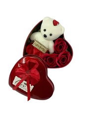 Подарунковий набір з ведмедика і 11 троянд з мила в коробці у формі серця