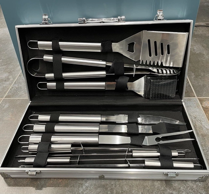 Набор инструментов для барбекю из нержавеющей стали 10 предметов Rainberg AL-10 в чемодане, Черный