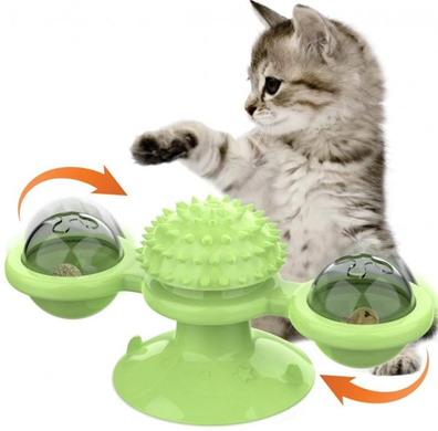 Интерактивная игрушка для котов спиннер на присоске со звуковыми и световыми эффектами Rotate Windmill Cat Toy, Голубой