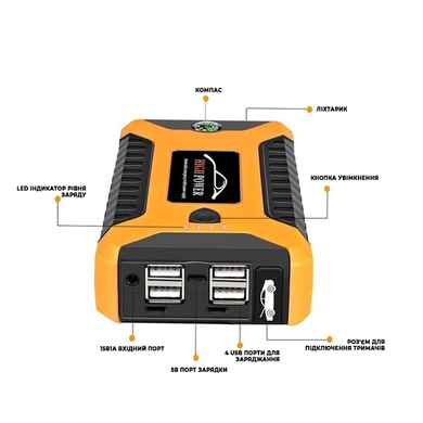 Пусковое устройство для аккумулятора автомобиля High Power Jump Starter JX27 99800 mAh и зарядка Power Bank для телефона и ноутбука с фонариком, Жёлтый