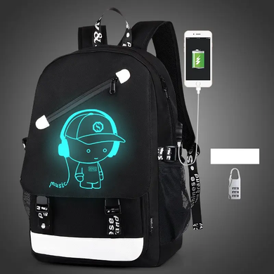 Рюкзак Music с USB светящийся в темноте с кодовым замком, Черный