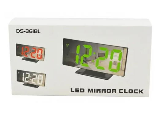 Настольные зеркальные электронные LED часы DS-3618L с зеленой подсветкой, Черный