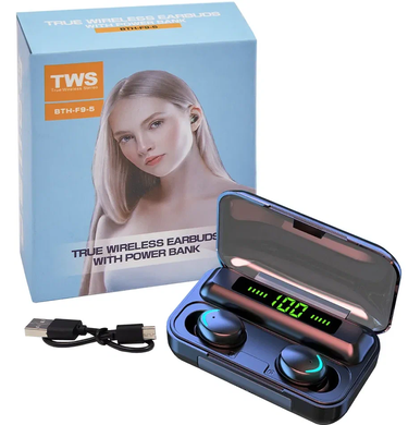 Навушники F9 TWS V5.0 Бездротові сенсорні Bluetooth з індикатором заряду чорні водонепроникні (NB-1)