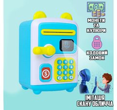 Детская электронная Копилка-Сейф с кодовым замком Kids Bank Money BOX Имитация распознавания лиц, световые эффекты Голубой