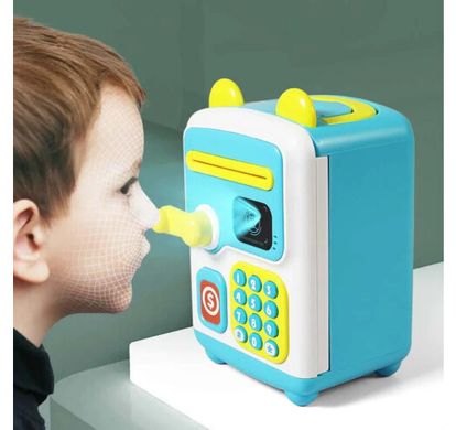 Детская электронная Копилка-Сейф с кодовым замком Kids Bank Money BOX Имитация распознавания лиц, световые эффекты Голубой, Голубая