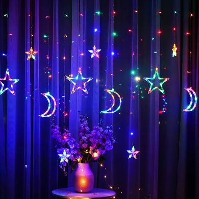 Светодиодная новогодняя гирлянда штора Луна и Звезды с пультом 12 предметов Белый тёплый