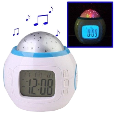 Музичний нічник-проектор зоряне небо 1038 з годинником і будильником,Нічник-проектор зоряного неба, Білий