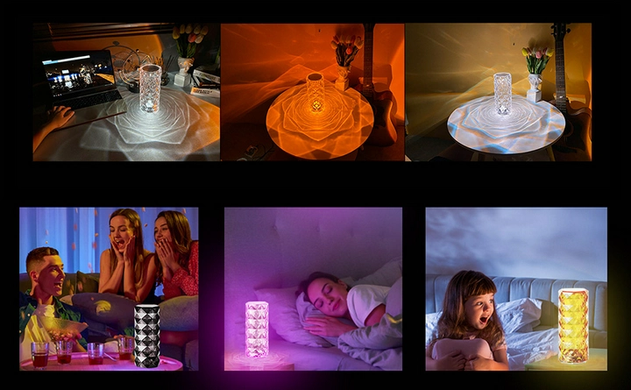 Настольная лампа ночник Роза с пультом RGB Crystal Rose. Проекционный светильник-торшер Rose Diamond Table Lamp кристалл