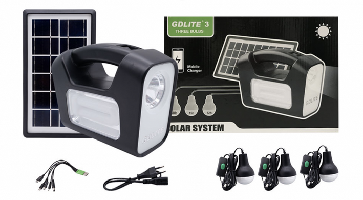 Ліхтар акумуляторний PowerBank GDLite GD3 із сонячною панеллю та 3 лампами, Черный