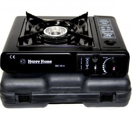 Портативная туристическая газовая плита с пьезоподжигом Happy Home BDZ-155-A c пластиковым кейсом + адаптер под балон, Черный